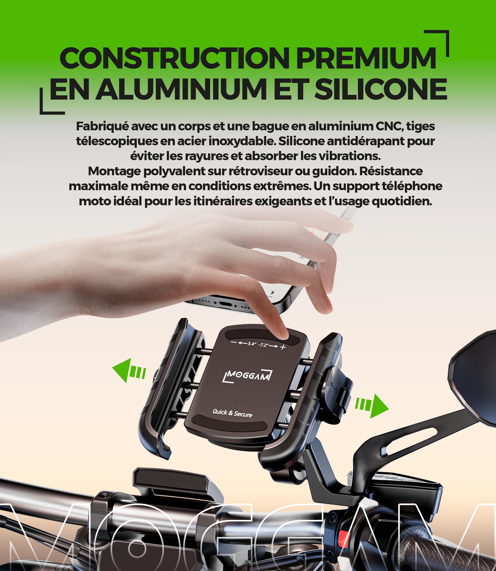 Support Telephone Moto Antivibration Aluminium CNC Double Fixation Guidon 22-32mm Rétroviseur 12–14 mm Libération Rapide Design Ouvert Compatible Scooter Vélo Trottinette Électrique Rotation 360°