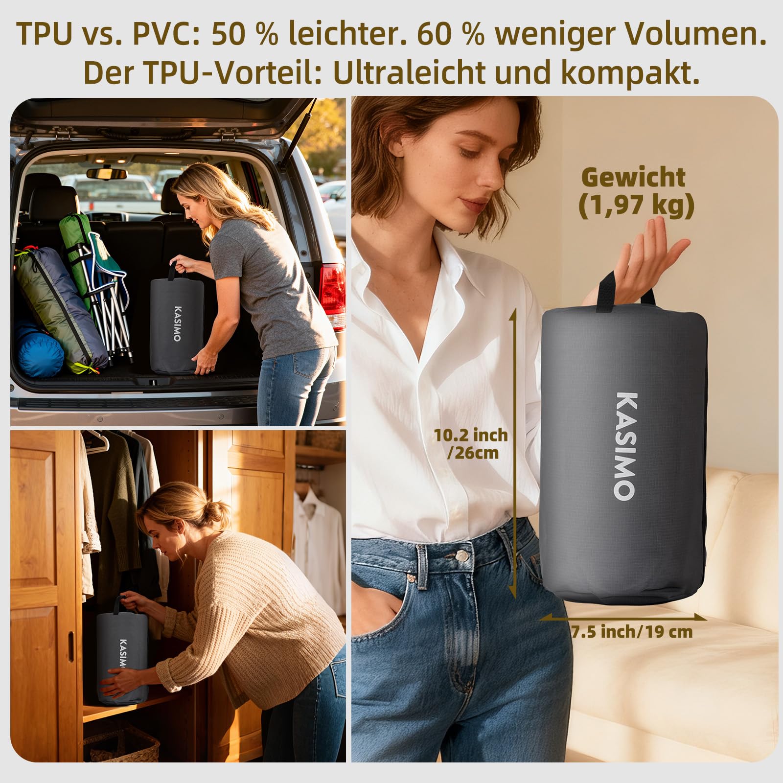 KASIMO TPU Luftmatratze selbstaufblasend 1 Person Gästebett mit integrierter Pumpe 190x90x22cm