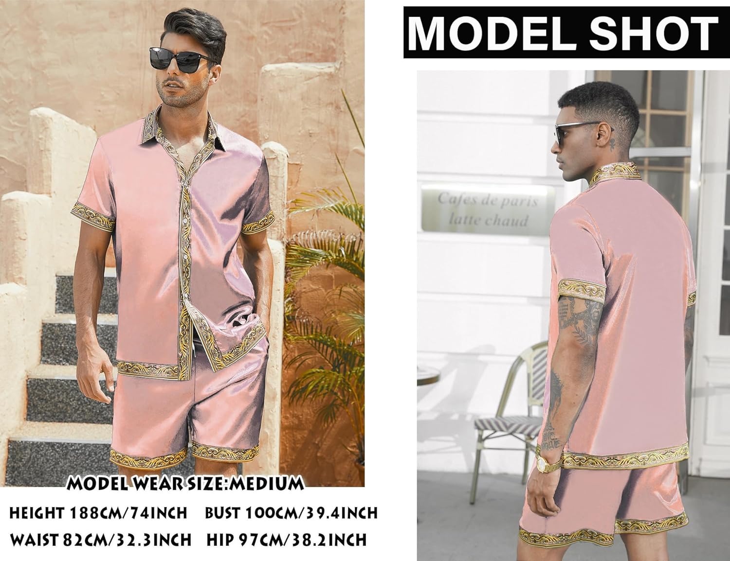 Men's Hawaiian Shirt and Short Set 2 Piece Outfits Luxury Printed Casual Button Down Short Sleeve Satin Shirt Suits - Image 2