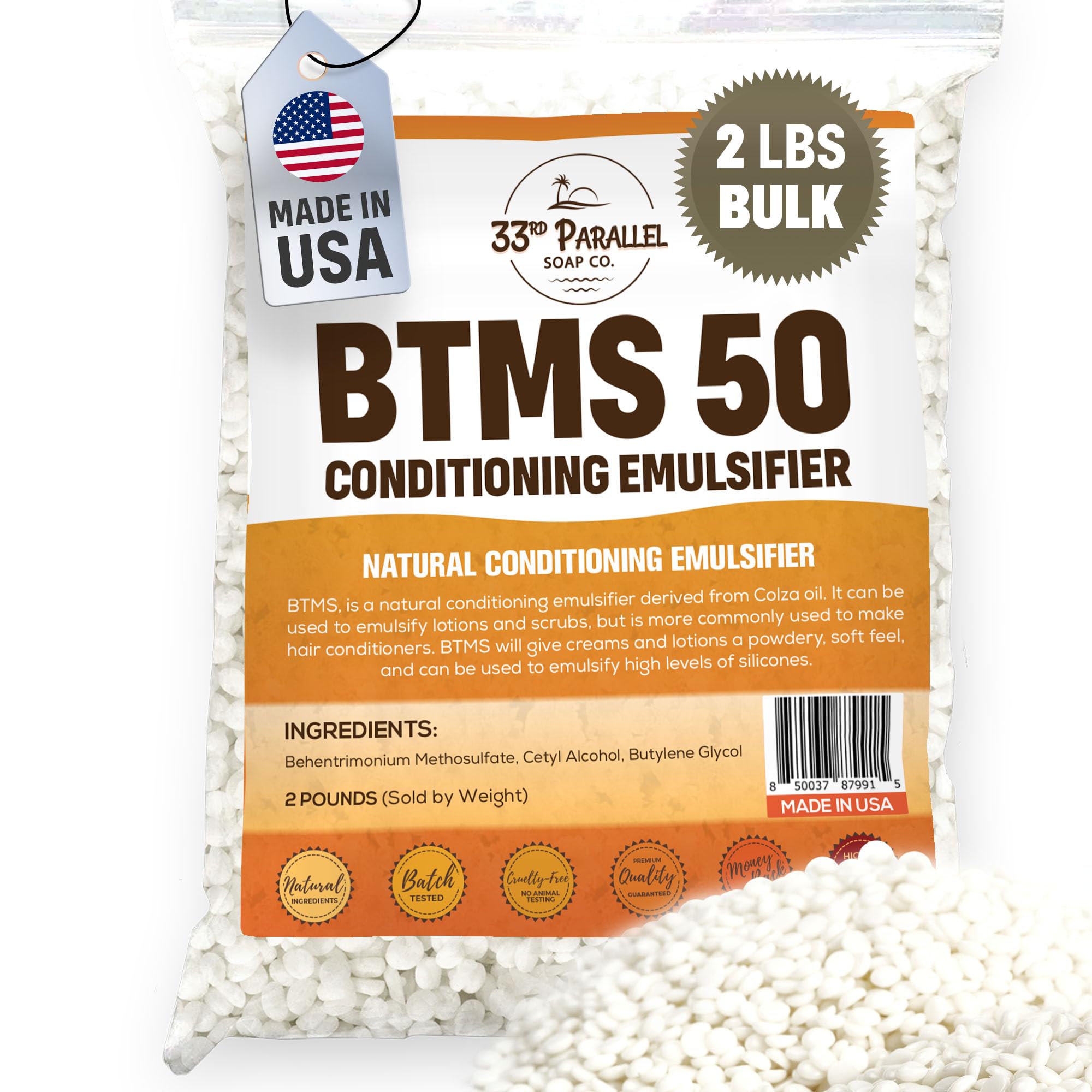 33rd PARALLEL | BTMS 50 (2 lbs / 32 oz) Bulk Conditioning Emulsifier | 100% Natural Plant Derived | Behentrimonium Methosulfate Cetearyl Alcohol Emulsifying Conditioner | Product of USA (2 POUNDS)