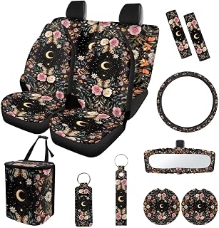 13 Pcs Auto Inteiror Set Seat Covers Steering Wheel Cover Seatbelt Pads Vintage Floral Butterfly Moon Print Trash Can Rearview Mirror Cover Coaster PU Keychain Lipstick Cover