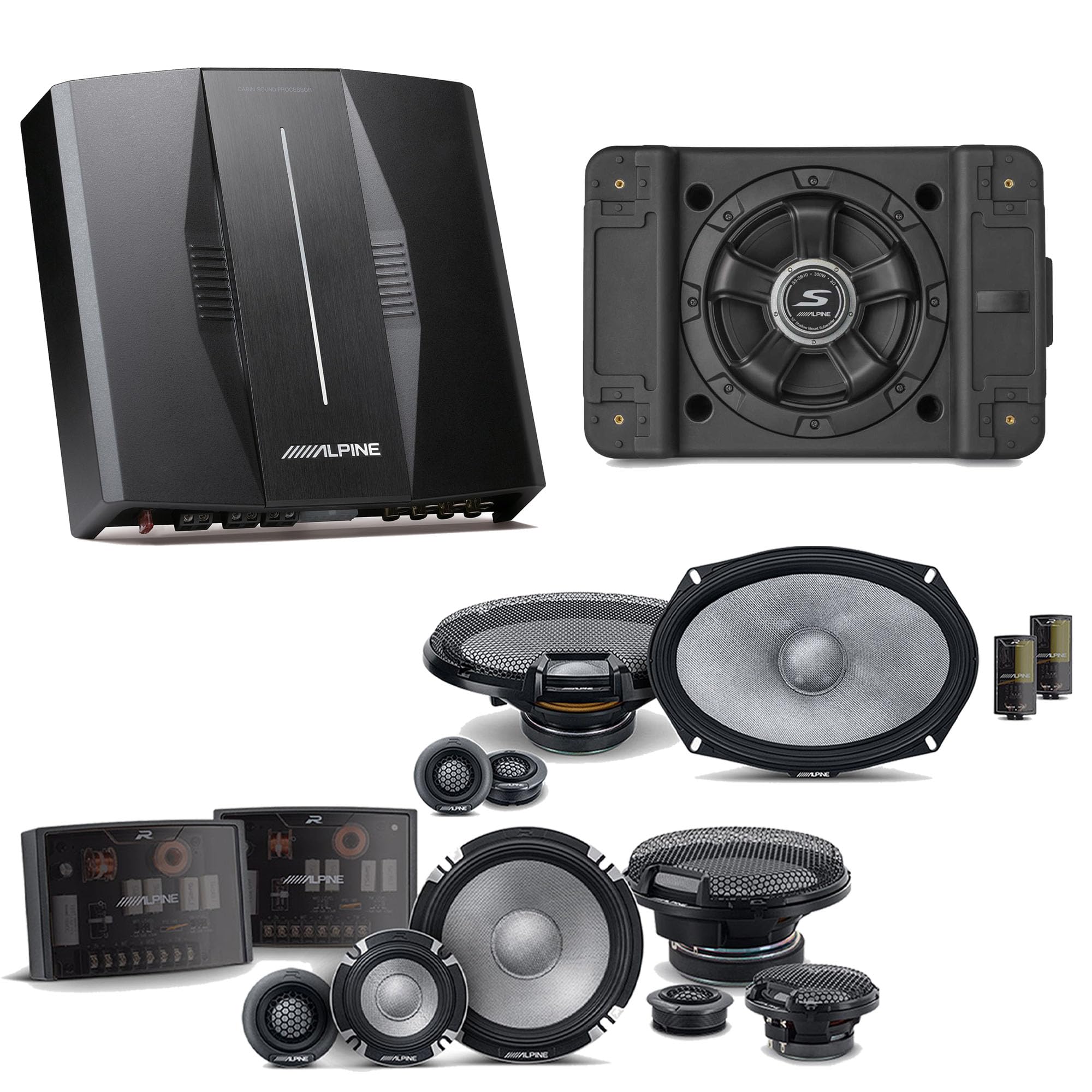 Alpine PXE-C80-88 OPTIM8 8-Channel Hi-Res Digital Sound Processor Amplifier w/SS-SB12 Subwoofer, R2-S653 & R2-S69C Bundle