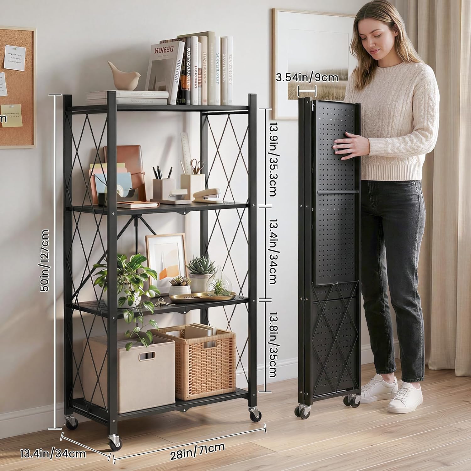 DEANIC 4 Tier Foldable Storage Shelves with Wheels, No Assembly Organizer Rack for Garage Kitchen, Basement, Pantry,Perfect for Craft Shows & Vendor Events(Black)