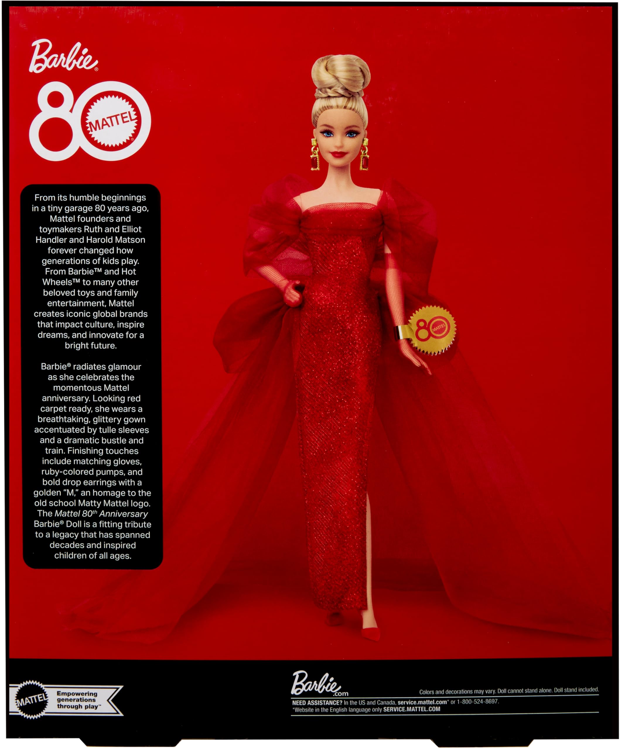 Barbie Signature Muñeca, Mattel Coleccionable del 80.º Aniversario con Vestido Largo de Tul Rojo Brillante, Pendientes Largos y Guantes Transparentes, Pelo Rubio, JBJ17