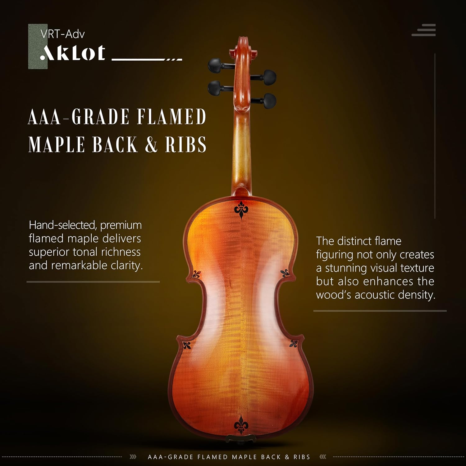 AKLOT Handcrafted Flamed Maple Violin: Full Size Glossy Fiddle, Acoustic Advanced 4/4 Violin Kit with Ebony Bow, Solid Wood Shoulder Rest, Lesson Book, Hard Case, Extra Strings, Tuner (VRT-AdvOB)