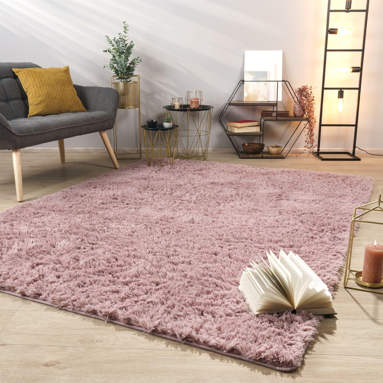 TT Home Teppich Wohnzimmer Hochflor Langflor Weich Soft Modernes Einfarbiges Design, Farbe: Rosa, Größe:80 cm Rund