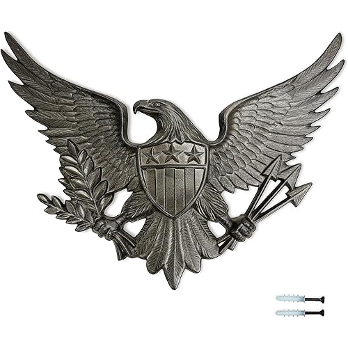 Linton Arts Cast Iron Black Eagle Wall Decor, Outdoor Metal Eagle Statue for Wall Art, Patriotic Decor with Shield, Indoor Outdoor American Wall Hanging【eagles wall decor】