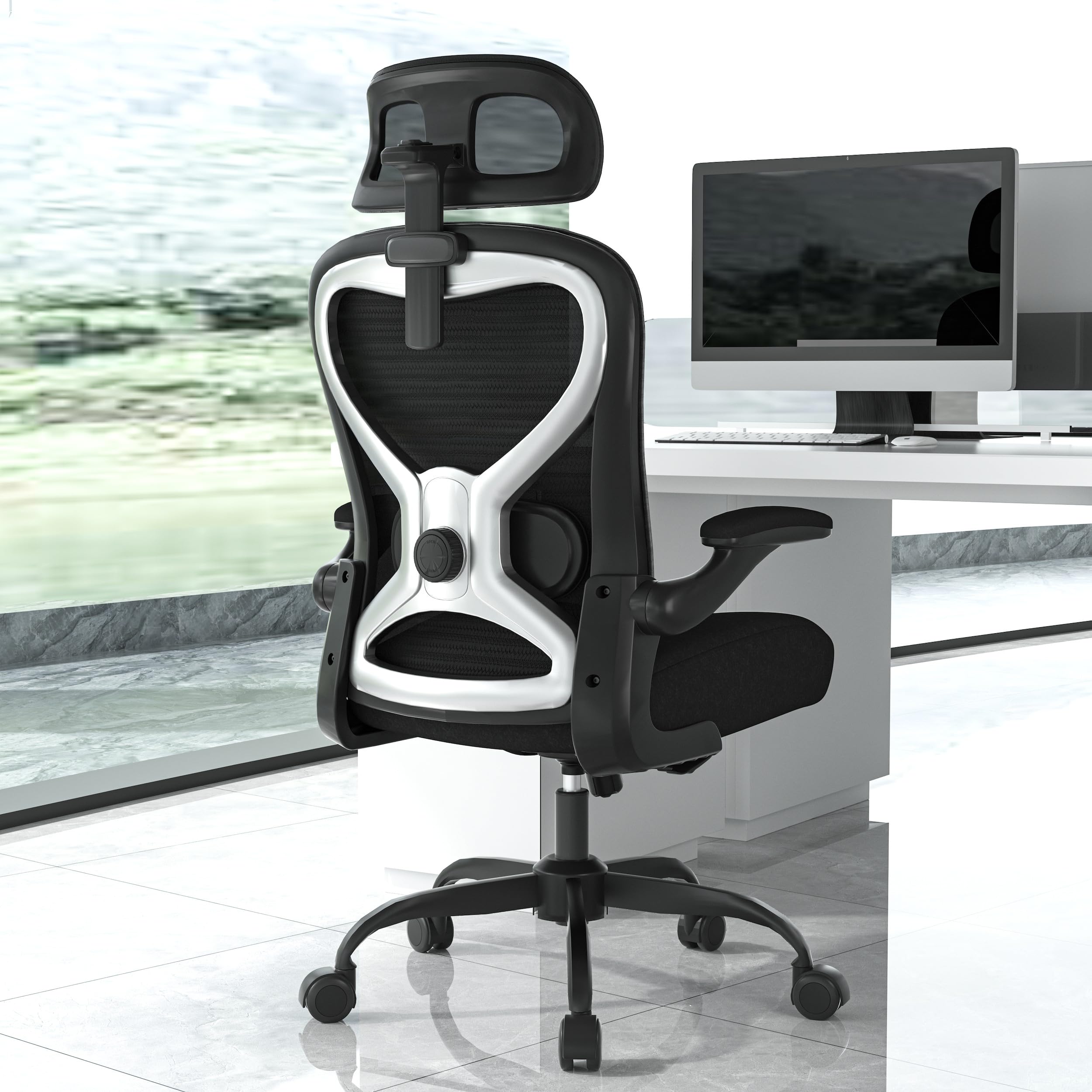 Ergonomic Office Chair Mesh Desk Chair with Headrest Lumbar Support Thick Seat Cushion Flip-up Arms High Back Computer