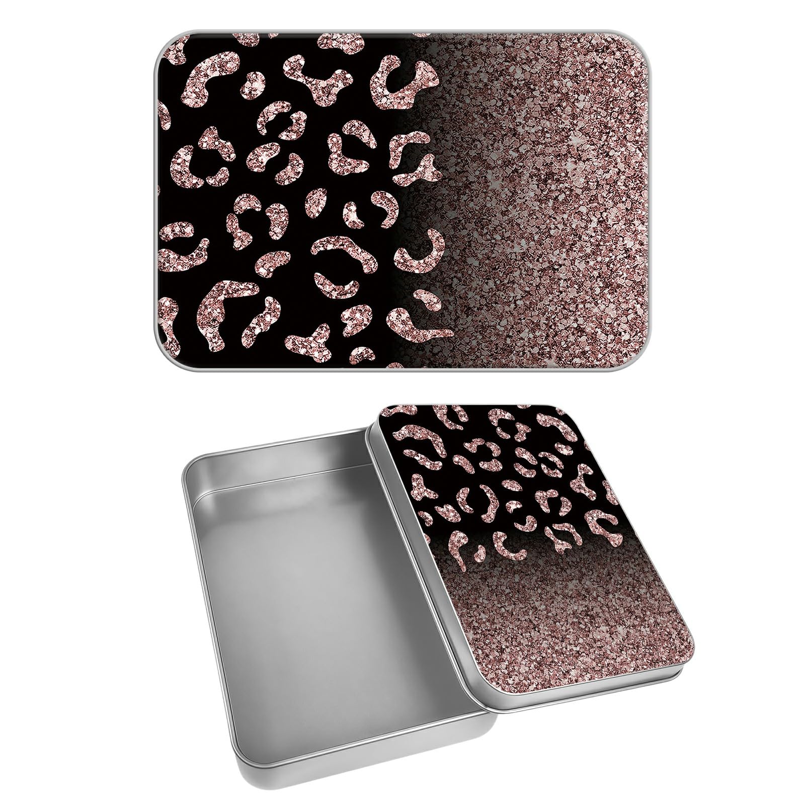 Rectangular Metal Tin Box with Removable Lid, Leopard Glitter Decorative Printed Metal Storage Container for Cash Ticket Credit Card Check 3.46 x 2.36 x 0.7 inch– Single Pack