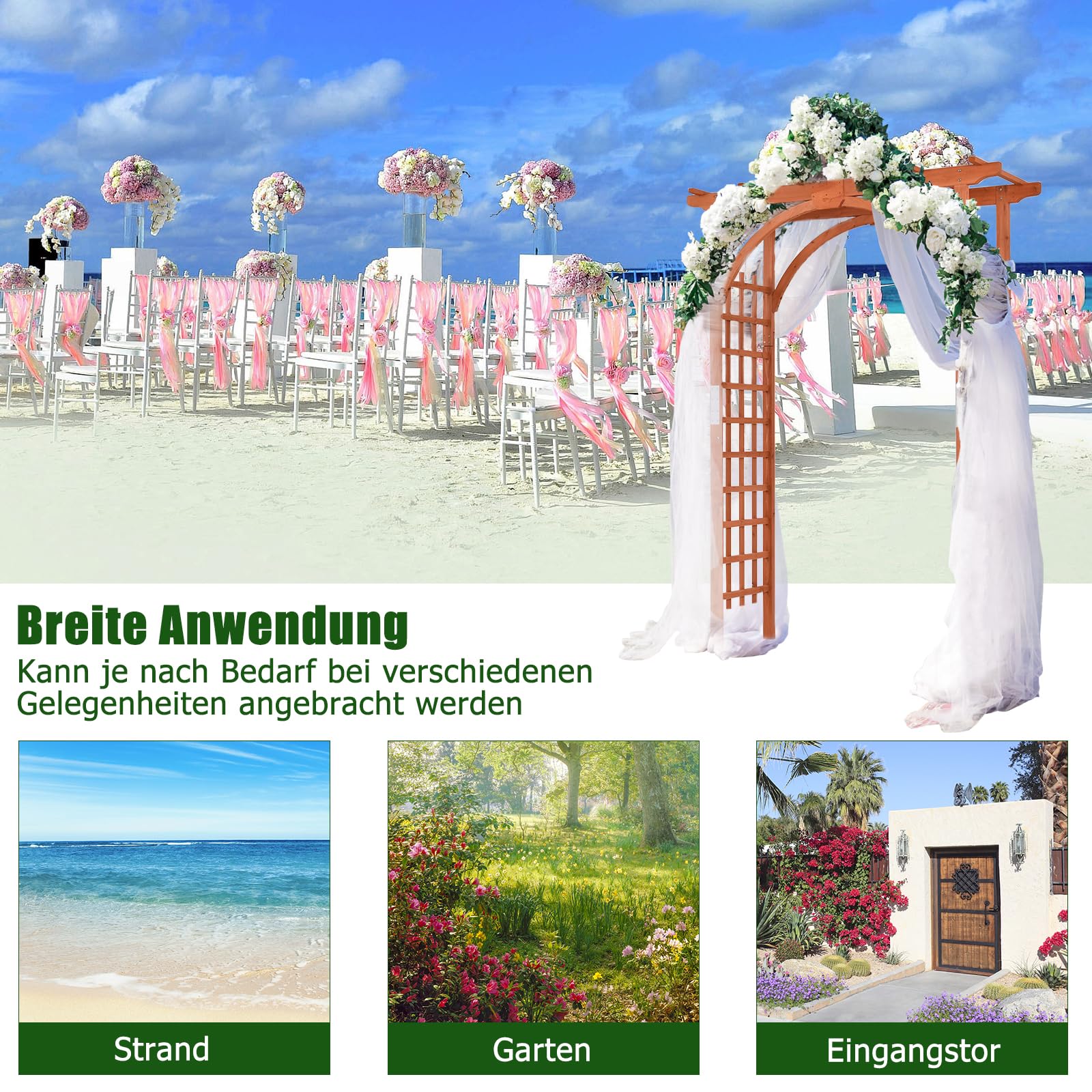 GOPLUS Rosenbogen Holz, Gartenbogen Pergola mit Rankhilfe für Kletterpflanzen, Torbogen Holzbogen Rankgitter Hochzeitsbogen Rankbogen für Hochzeit & Party, 160 x 60 x 215 cm, Natur