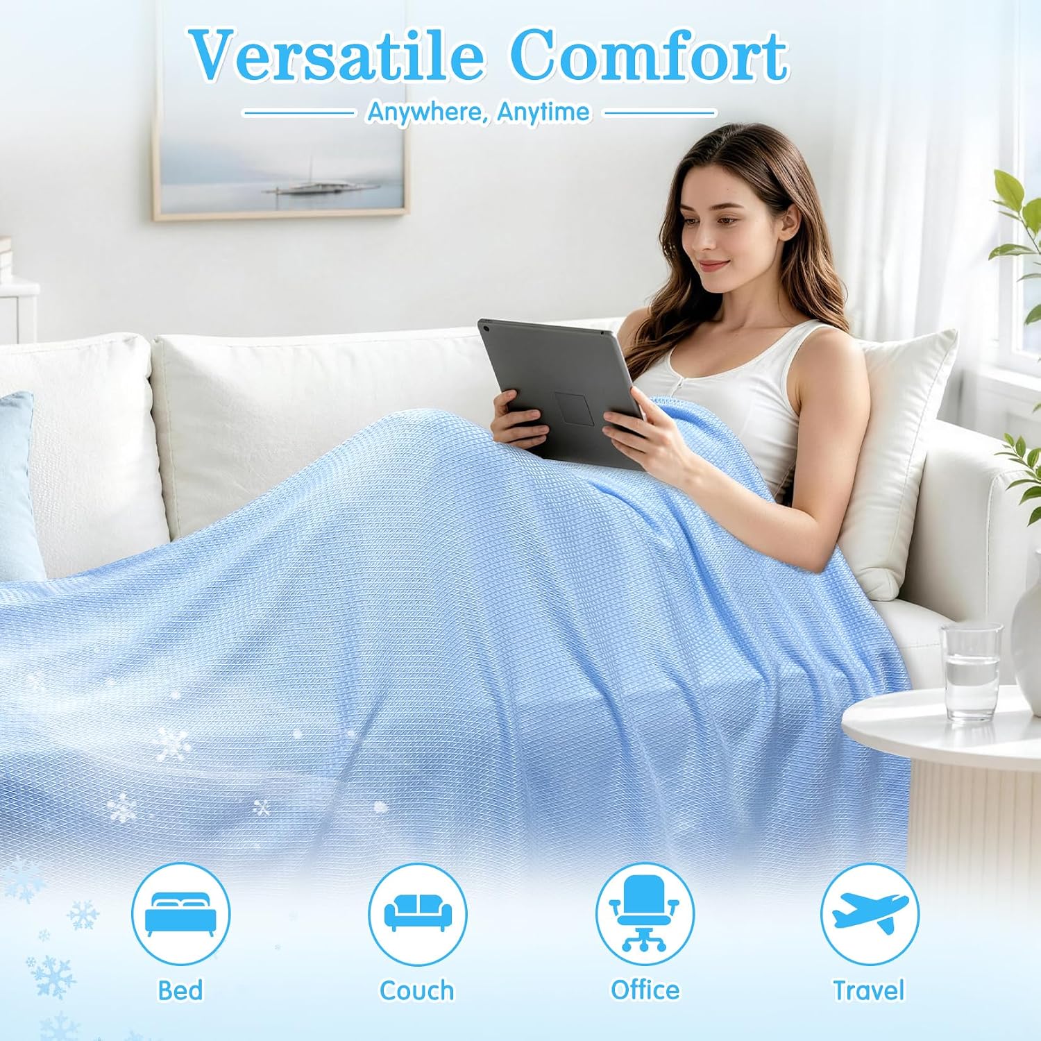 Hughapy Cooling Blankets for Hot Sleepers and Night Sweats, Cool Summer Blanket, Rayon Made from Bamboo, Silky Soft Lightweight Breathable Throw for Bed, Couch, Travel (79x91inches, Blue)