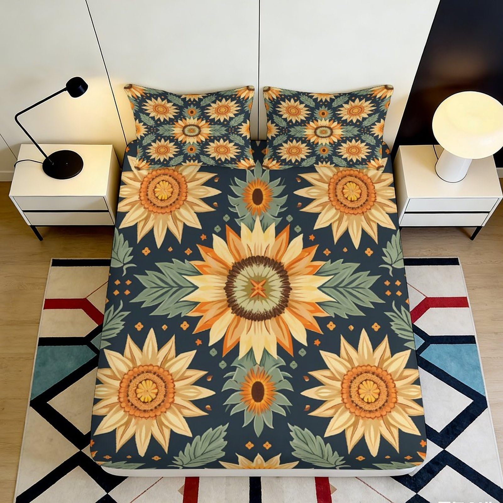3D Printed Sunflower Boho Fitted Sheet Microfiber Soft Breathable Mandala Mattress Cover for Bedroom Guest Room Decor 90x200x25cm
