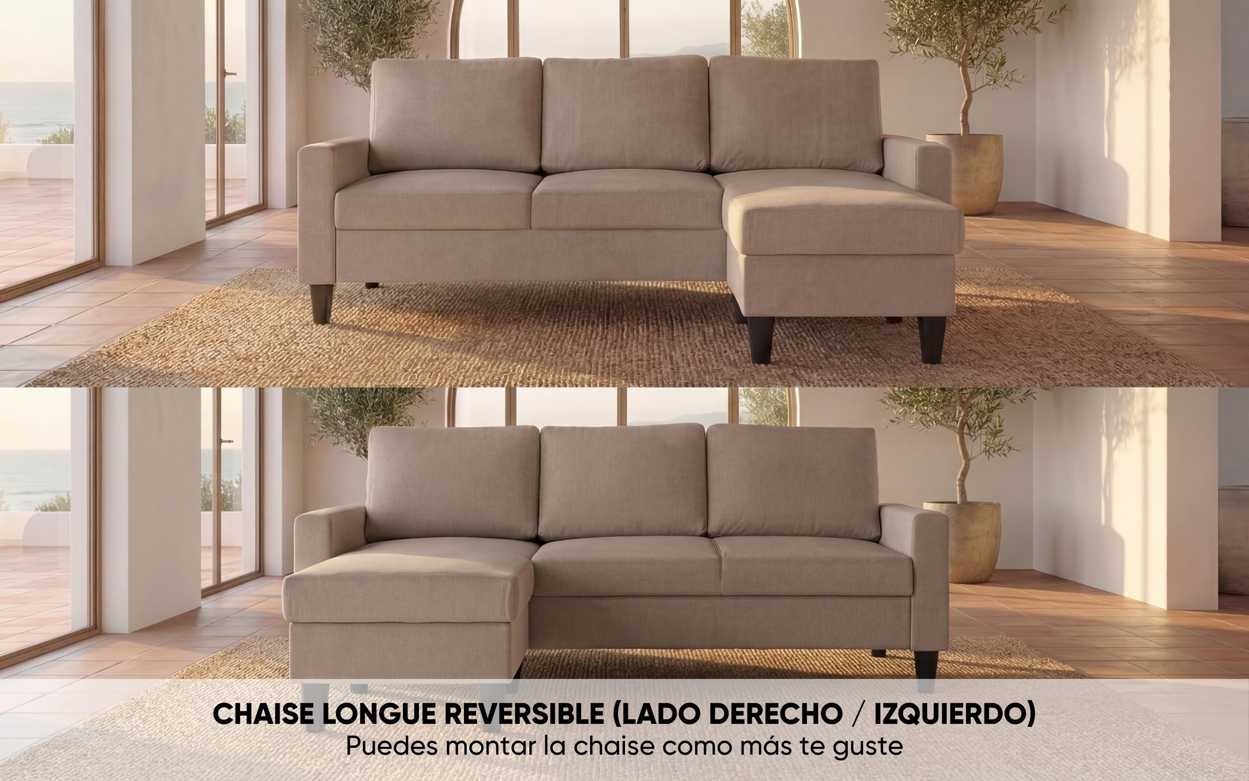 BUDWING Fox Sofá de Salón 3 Plazas - Chaise Longue Esquinero Reversible Izquierda o Derecha – Tapizado en Tela – Taupe