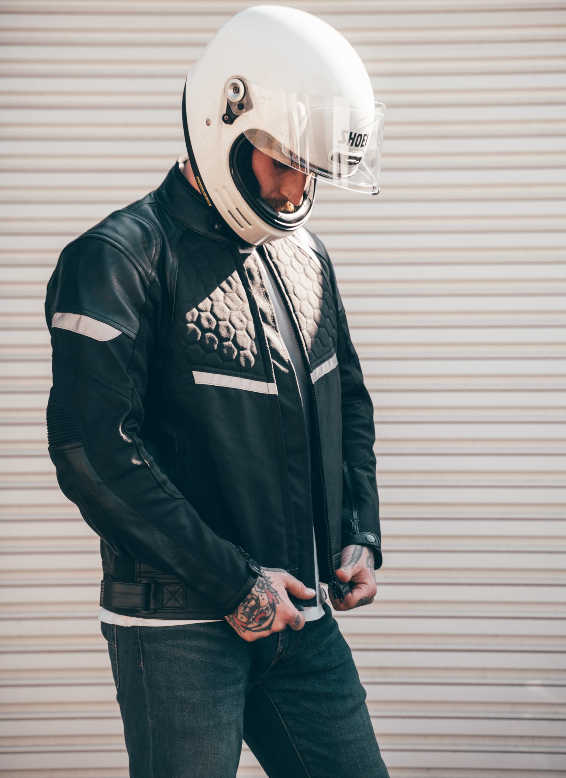Texpeed Męska skórzana kurtka motocyklowa - Wodoodporny kombinezon motocyklowy z prawdziwą ochroną motocyklową (EN 1621-1) – Czarny - S
