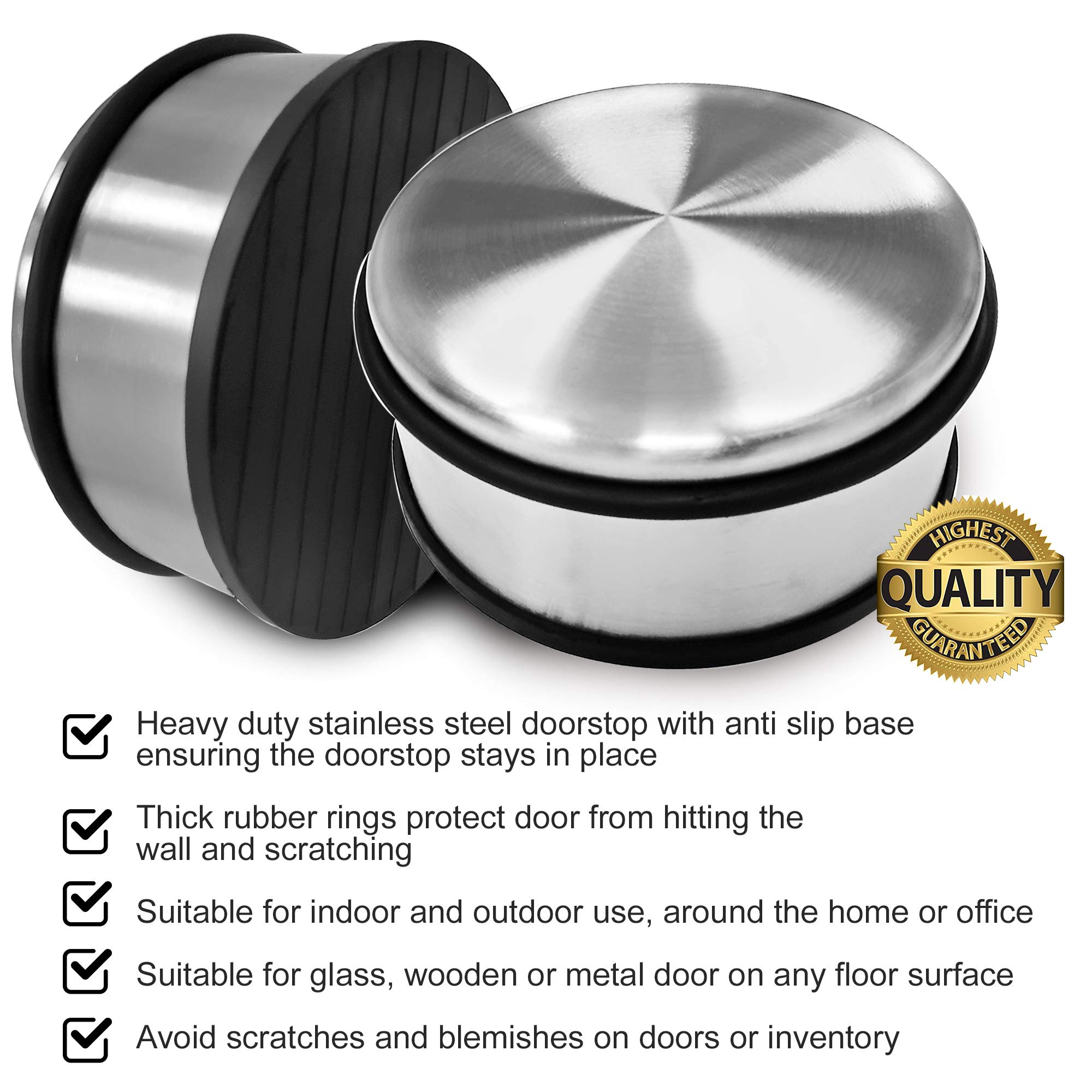 PALMAT – Tope de Puerta metálico resistente de suelo 110 mm X 60 mm 1.1 Kg Acero resistente inoxidable con banda protectora de goma, No rasguña