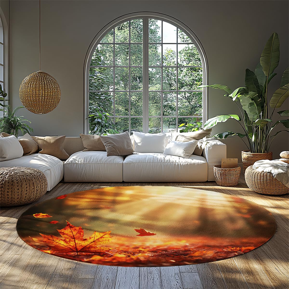 Tapis orange d'automne Thanksgiving rond 90 cm ambiance douce