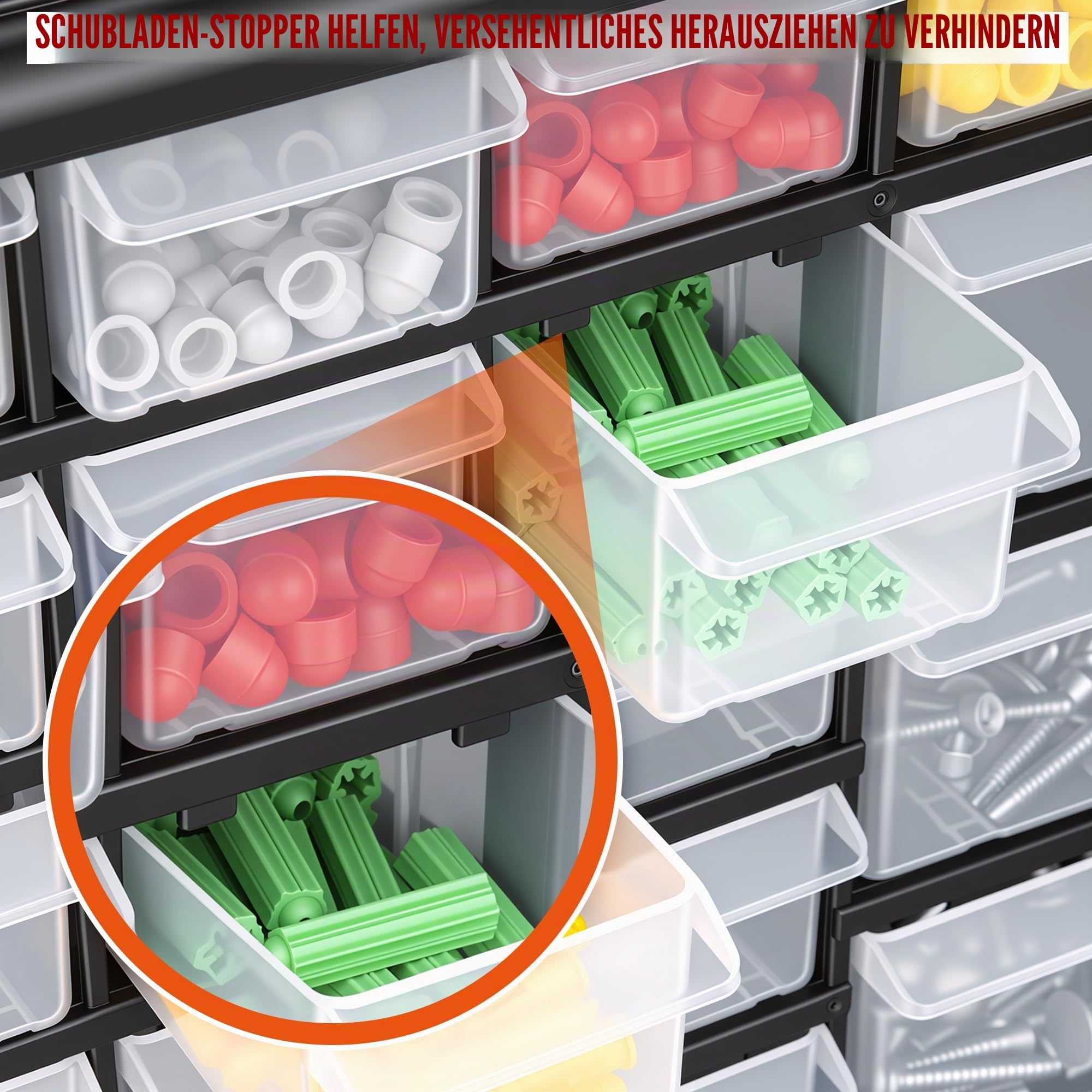 CraftGenes Schrauben-Aufbewahrungs-Organizer – 44-Schubladen Garage & Werkstatt-Box mit verstellbaren Trennwänden, wandmontierbarer Werkzeug-Aufbewahrungs-Organizer (Schwarz)