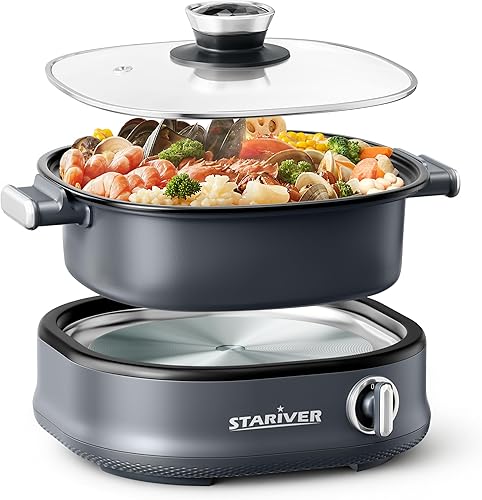 Miniatura 8 de Stariver Olla eléctrica de doble control de 3 litros con revestimiento antiadherente, diseñada como una olla Shabu Shabu con olla extraíble, incluye