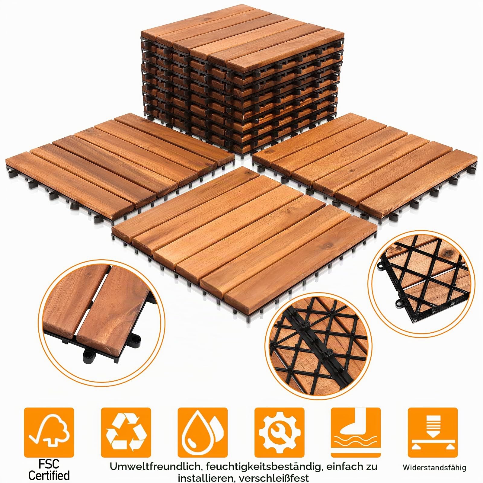 Holzfliesen aus Akazien Holz 30x30cm,Holzfliesen für Balkon,6 Latten Fliese 5m²,Balkon Bodenbelag,Holzfliesen Balkon,Bodenfliesen für Terrassen und Balkon (55 Stück)