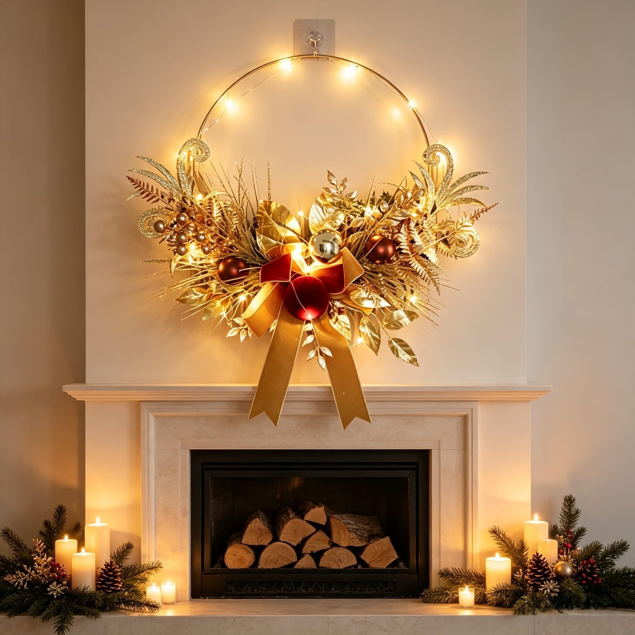 Corona de Navidad dorada de 17.8 pulgadas con luces LED de terciopelo metálico