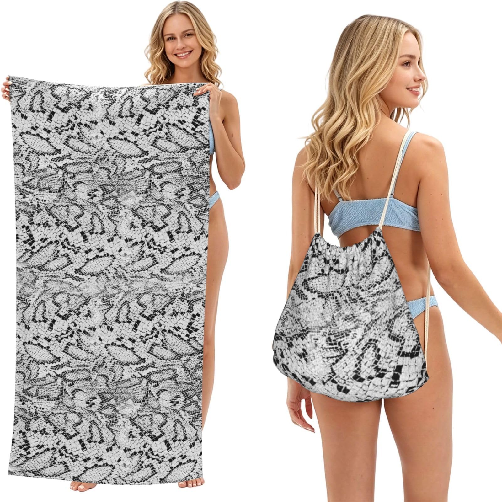 Poadnly As Picture Snake Skin Texture, 2 In 1 Packable Towel Bag, Beach Towels With Drawstring Backpack For Travel Holiday Camping