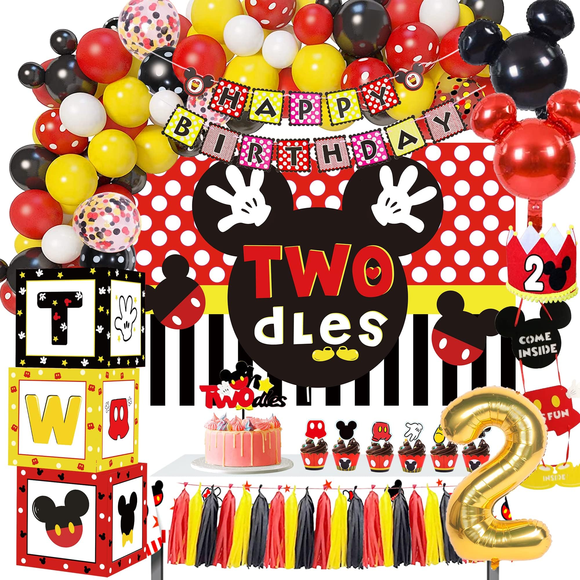 Mickey 2nd Birthday Party Supplies - Mickey Theme Oh Twodles Birthday Decorations Boy Include Backdrop, Balloon Garland Arch, Balloon Box, Welcome Hanger, Banner, Crown, Topper, Tablecloth