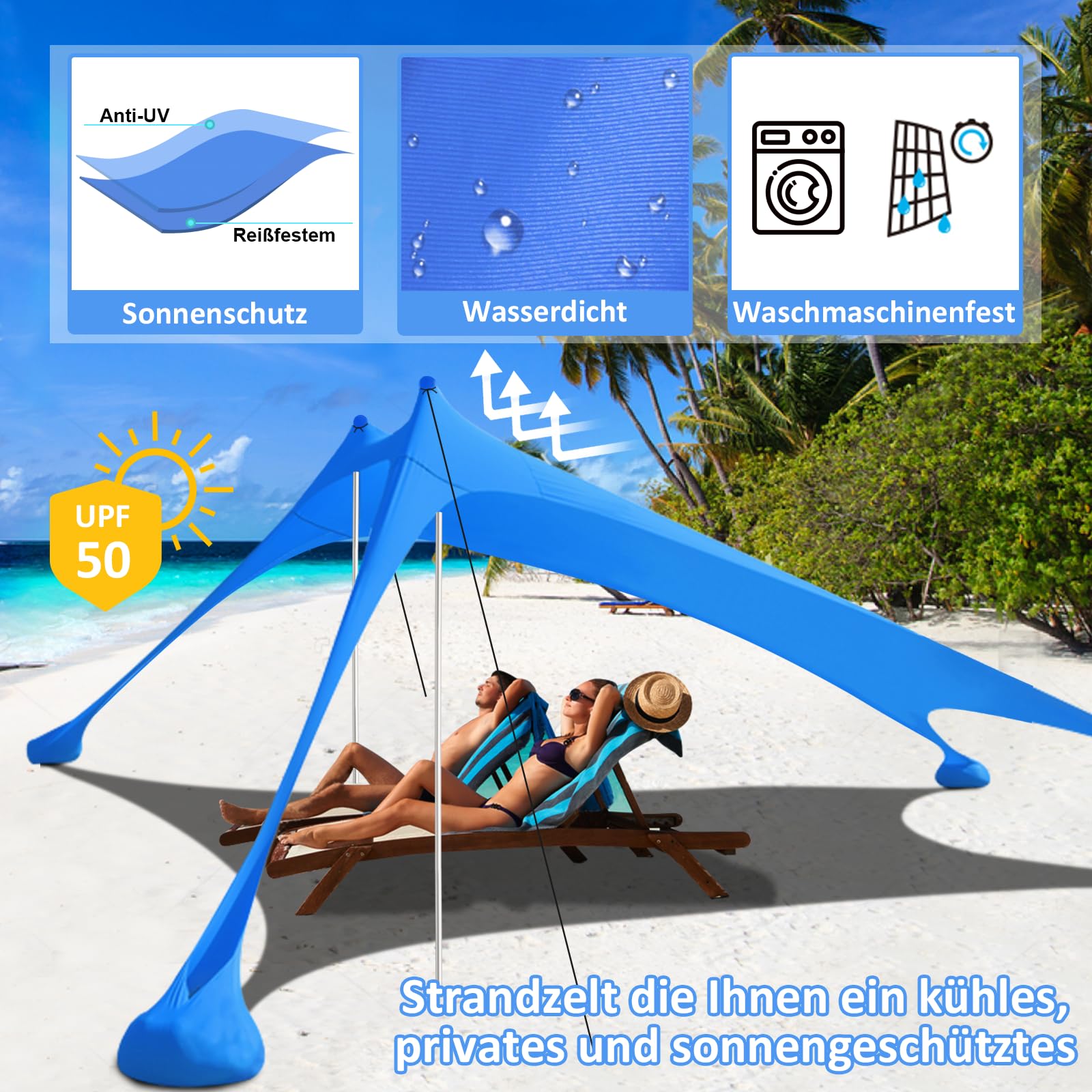 Riggo Namiot plażowy, żagiel przeciwsłoneczny, 3x3 m, LSF 50+, ochrona przed wiatrem i słońcem, z łopatką do piasku, śledziami i drążkami stabilnymi, do wędkowania, kemping