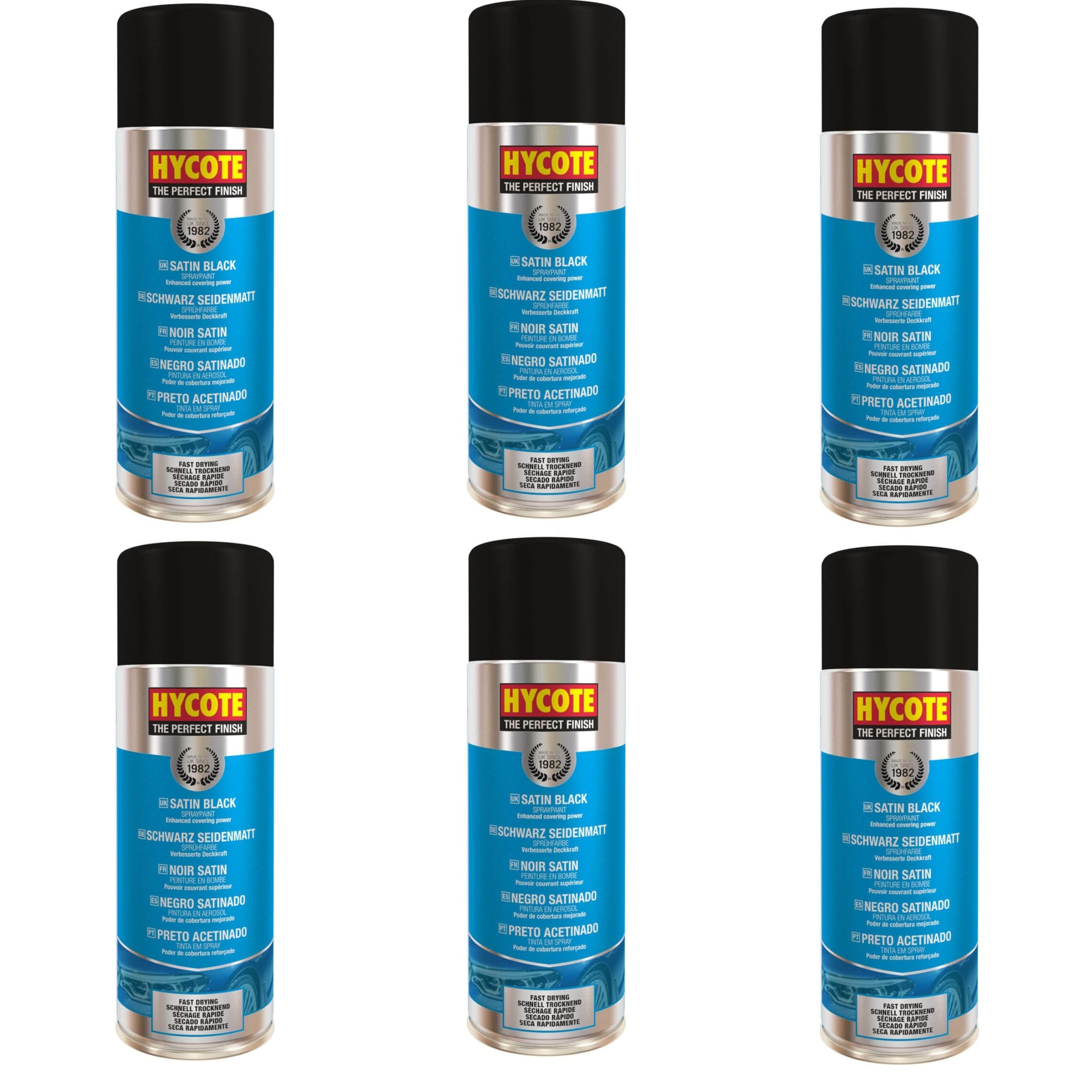 Hycote Satin Black Spray Paint 400ml – Pack of 6 | Smooth Mid-Sheen Acrylic Finish for Metal & Plastic | Fade-Resistant, Durable Top Coat