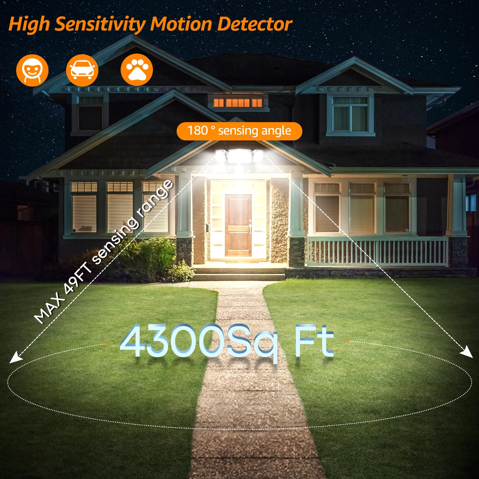 HGGH Motion Sensor Outdoor Lights – Flood Lights Outdoor Security Light, LED Floodlights IP65 Waterproof 6000K 38W 4200LM with 3 Adjustable Heads, Exterior Light for House, Backyard, Porch