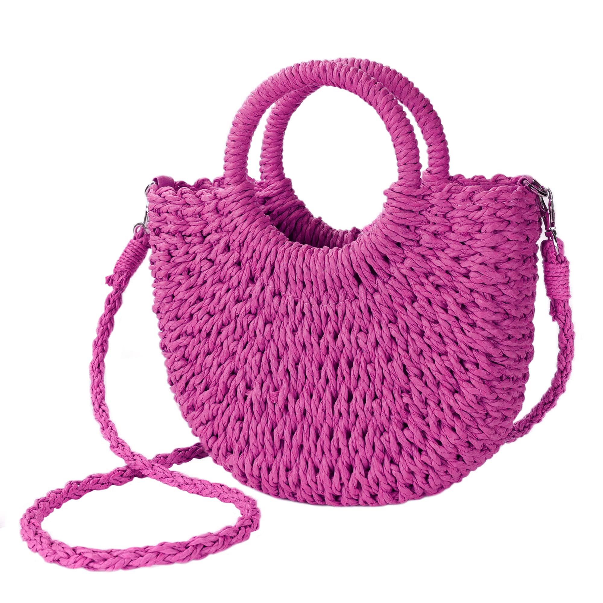 Sac de plage en paille tissée pour femme avec poignée sur le dessus, rose rouge