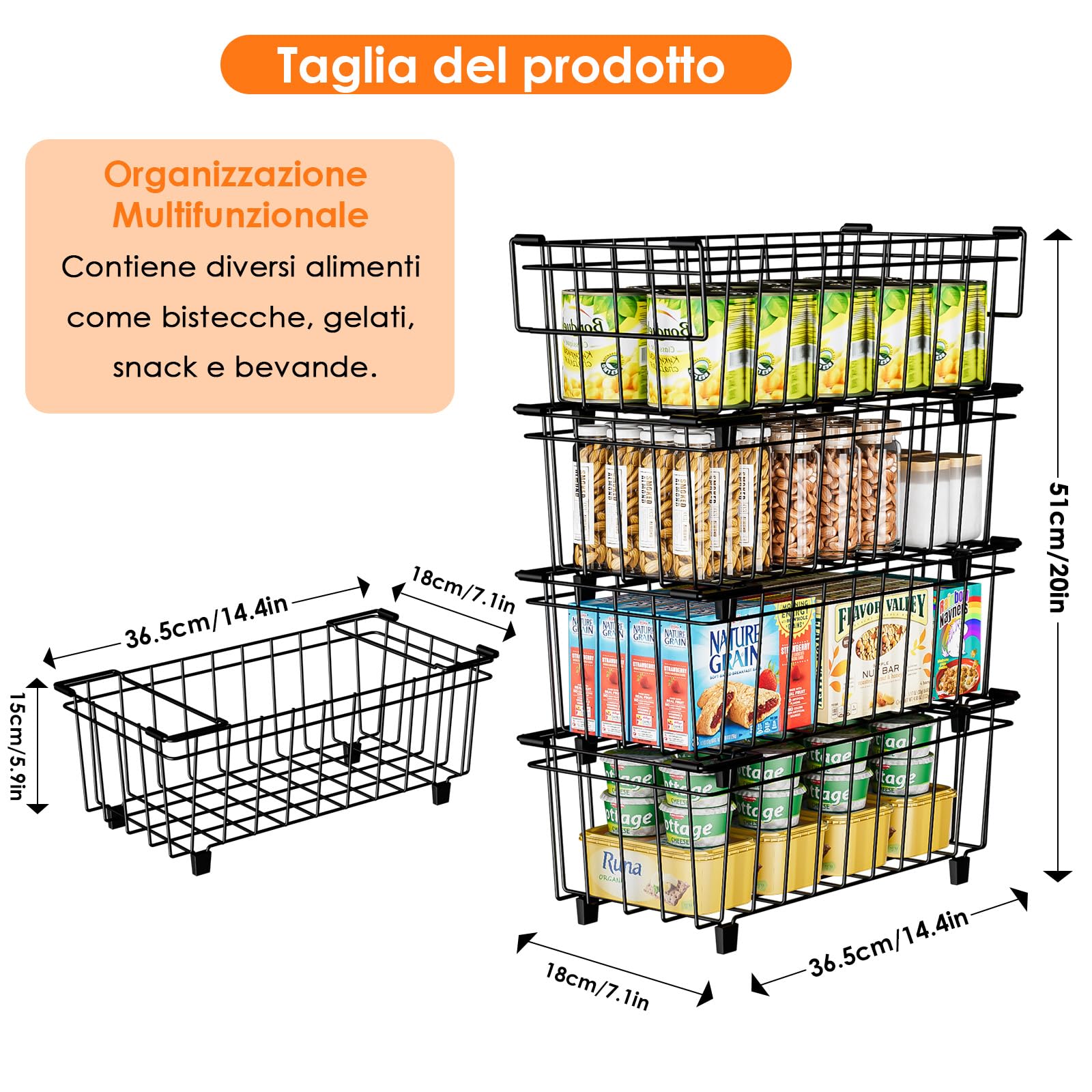 4 Pezzi Cestini Per Congelatore Cestelli Per Congelatore Impilabili in Metallo Contenitori Frigorifero Organizer Con Manici E Fondo Antiscivolo Organizer Frigorifero Nero
