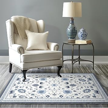 EverGrace Area Rugs for Living Room 3x5, Boho Floral Faux Wool Indoor Outdoor Rugs, Washable Rugs for Bedroom Entryway Dining Room Hallyway, Low Pile Floor Mat Carpet for Home Decor, Porcelain Blue
