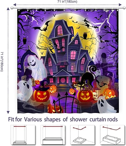 Miniatura 2 de Cortina de ducha de Halloween, cortina de baño impermeable de castillo, 71 x 71 pulgadas, decoración de baño de calabazas espeluznantes y fantasmas,