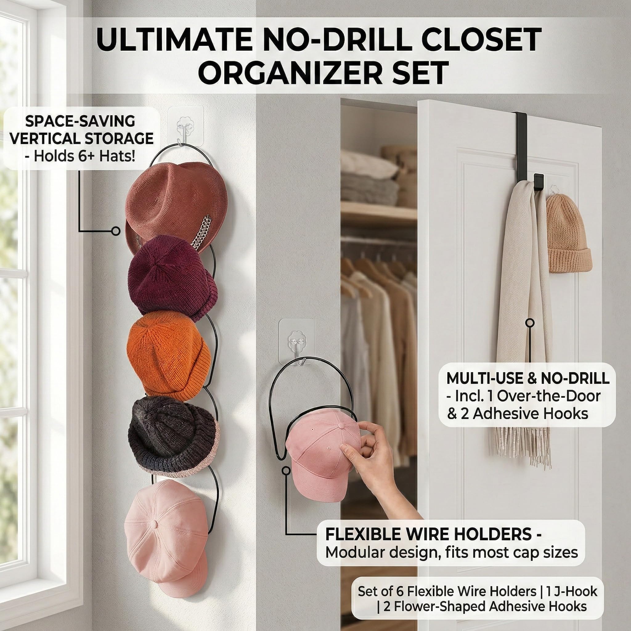 6 Supporti Porta Cappelli in Metallo da Appendere, Organizer Cappelli per Porta e Parete, Porta Cappelli Salvaspazio per Berretti, Sciarpe, Borse, Abbigliamento e Accessori