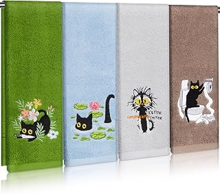 4-Pack Funny Black Cat Embroidered Hand Towels - Soft Absorbent Cotton for Bathroom Kitchen Decor, Cat Lover Gifts 29x13"