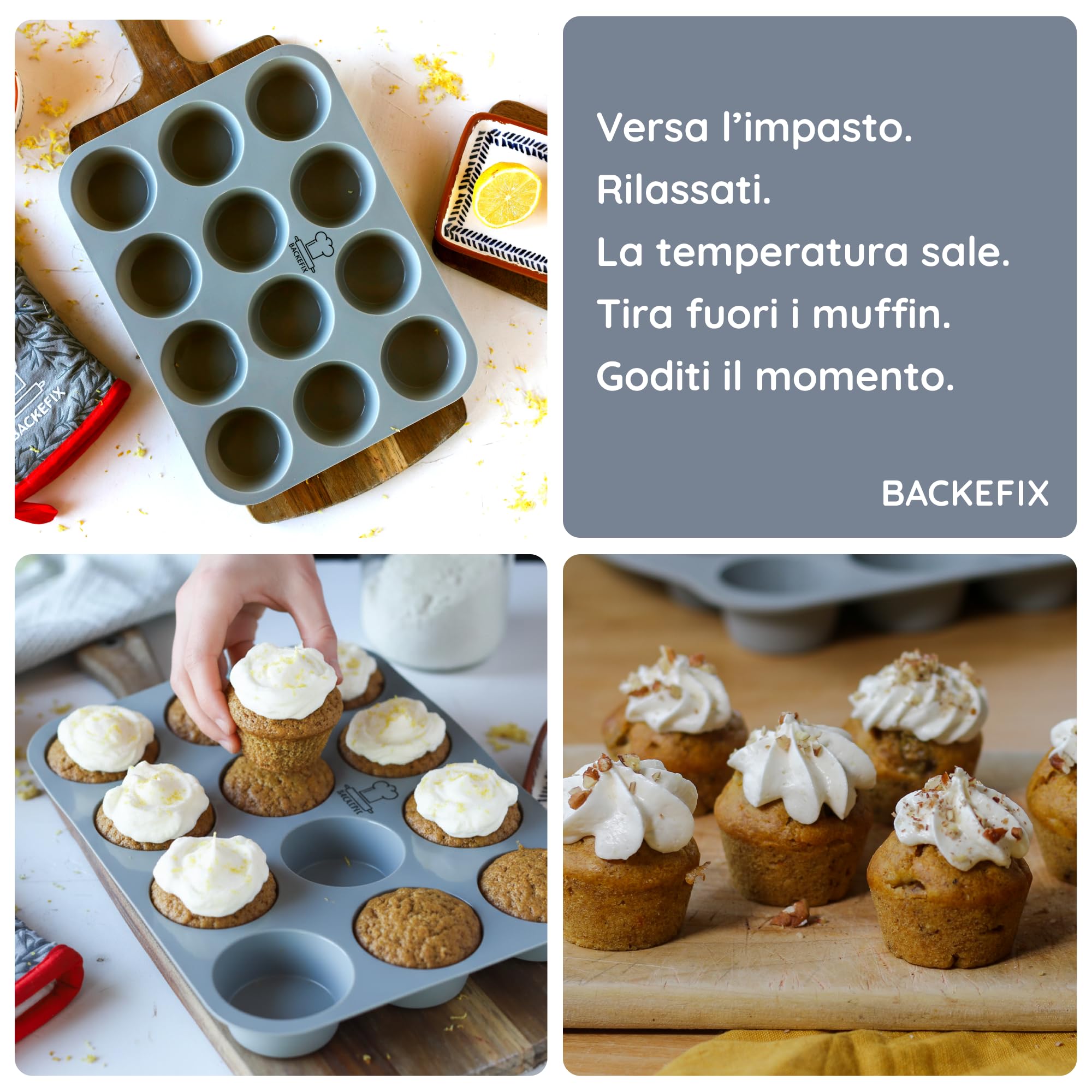 Backefix teglia per muffin in silicone 12 Flexi – stampo per muffin con 12 cavità, 80 ml ciascuna, antiaderente, senza pirottini, silicone platino, senza BPA & PFAS, lavabile in lavastoviglie, grigio