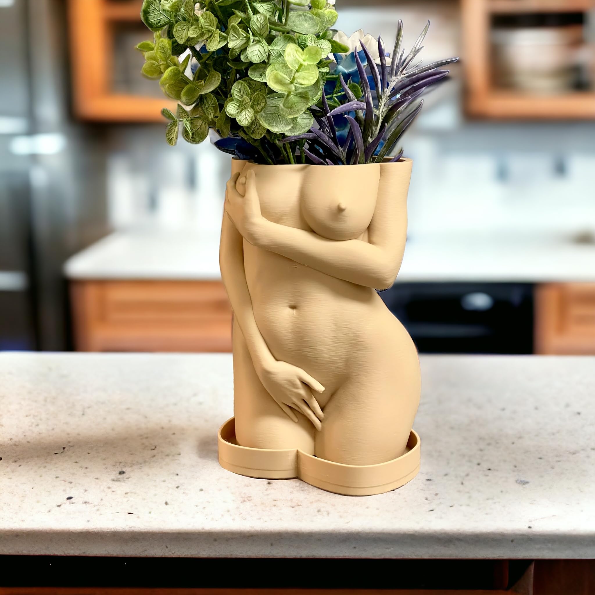 Female Body Planter, Shy Woman Plant Pot, Body Vase, Plant Lover Gift with Drainage Hole and drip Tray (Sand Beige Color)
