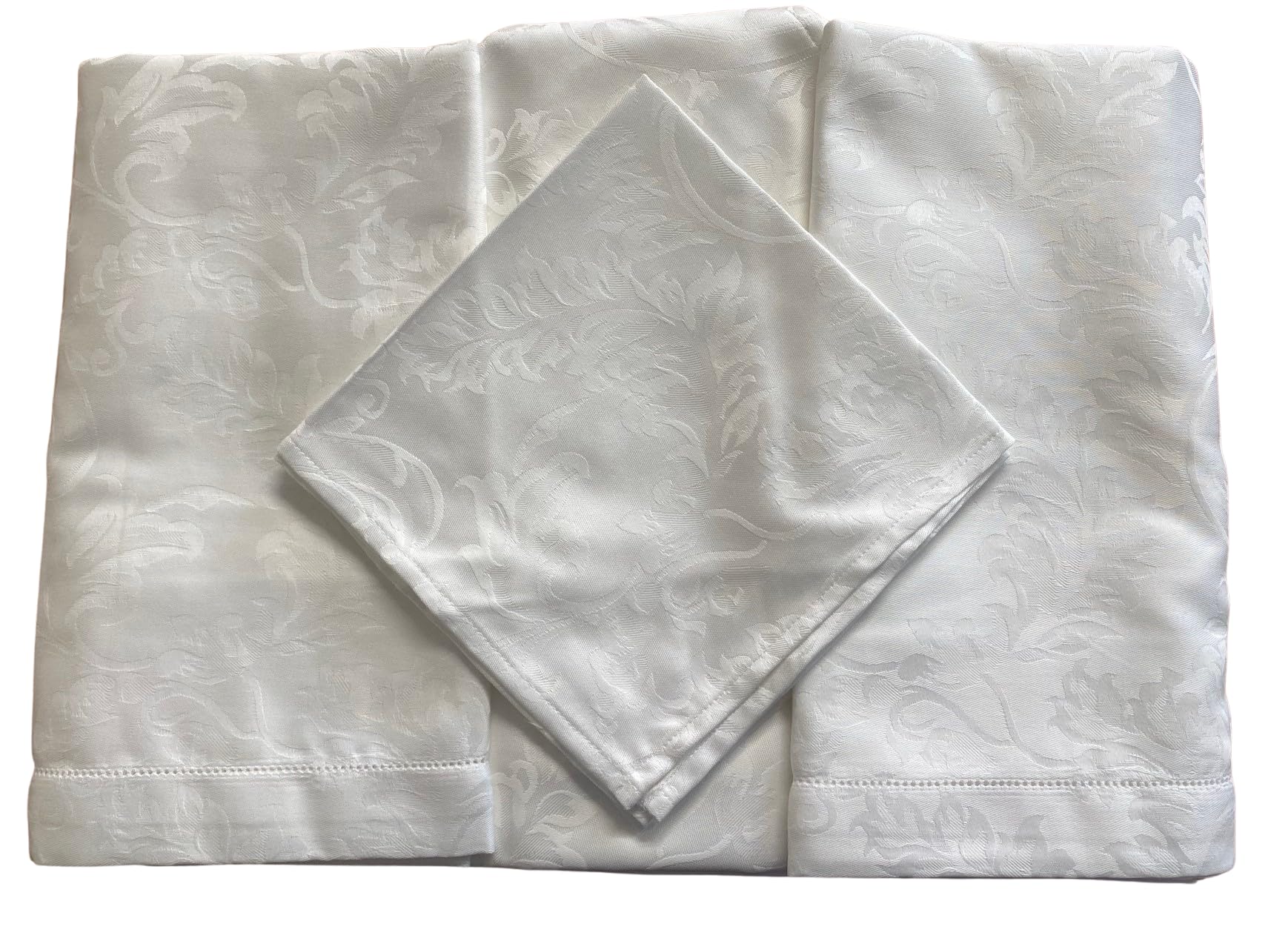 Tovaglia da Tavola con Tovaglioli in Fiandra Damascata Jacquard con Orlo a Giorno 100% Cotone Mercerizzato Art. Beatrice (Bianco, Quadrata x 8 persone cm. 180x180)