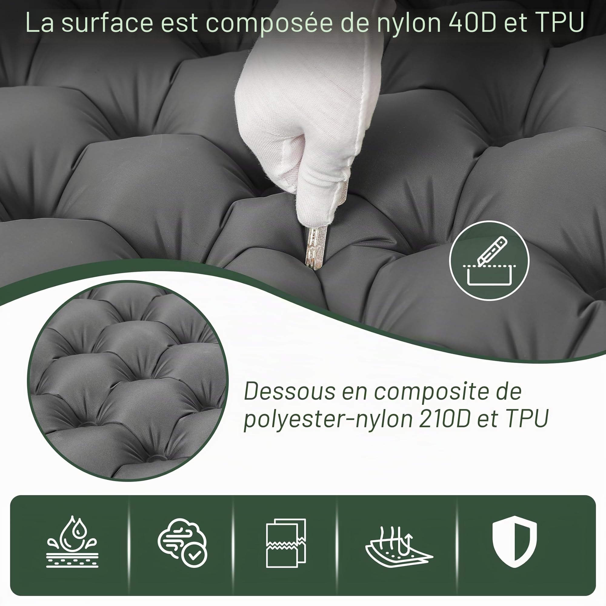 Tapis de Camping Gonflable, Convient pour Le Camping, la Plage, la randonnée, la Pompe à Pied intégrée, Confortable et Facile à Transporter(Couleur Gris)