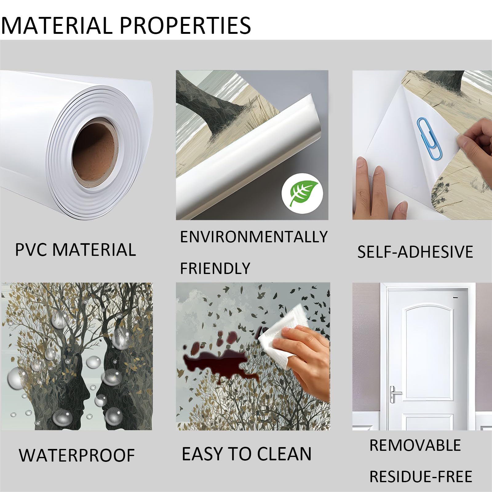 Papel pintado autoadhesivo para puerta abstracto árbol 3D póster para puerta adhesivo para puerta, silueta de gente playa impermeable vinilo lámina para puerta, gris extraíble, póster fotográfico