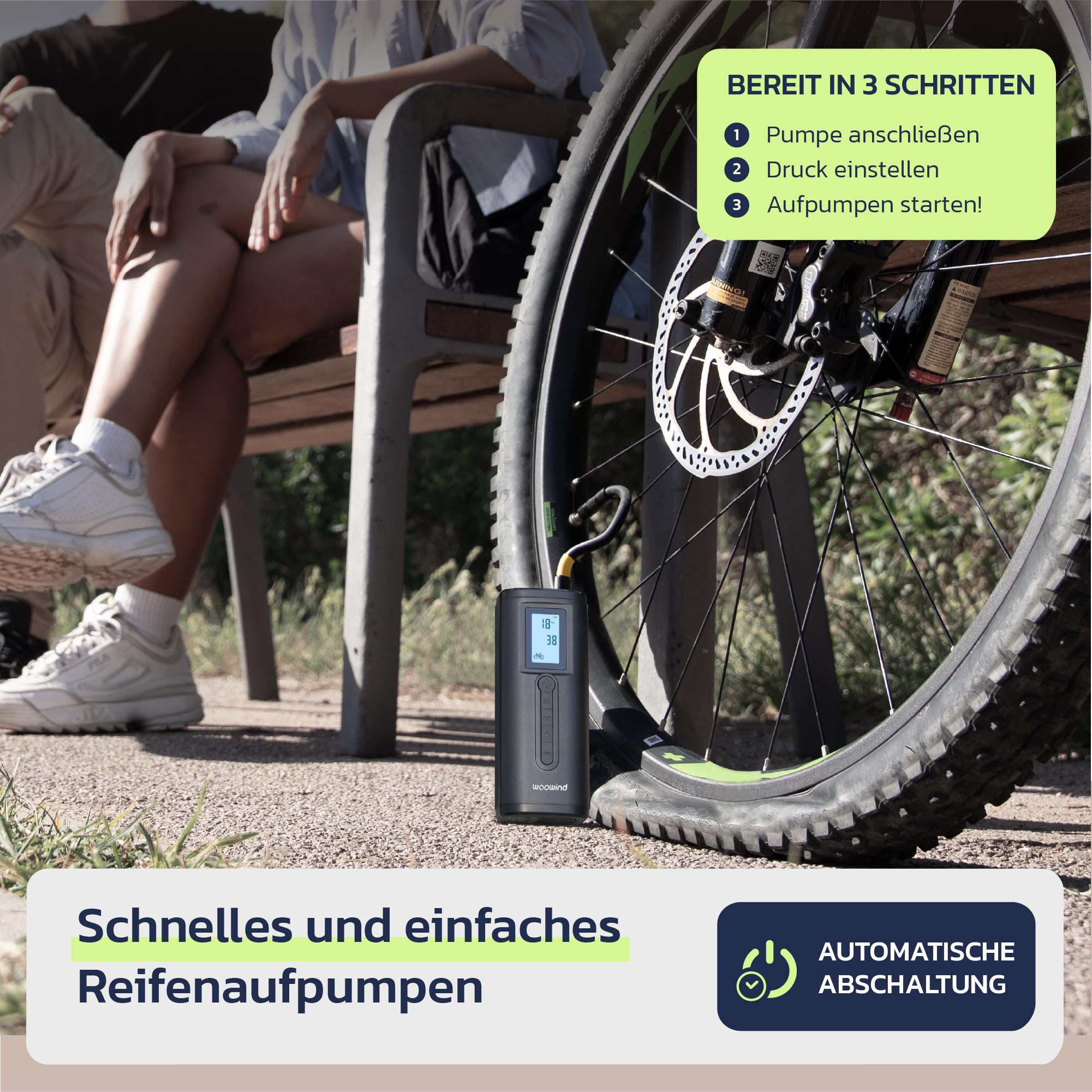 Woowind Akku Kompressor mit Powerbank, Auto Fahrrad Motorrad Bälle | Fahrradpumpe Elektrisch, Akku Kompressor, 2-Minuten-Aufpumpen, LCD-Display, LED-Licht