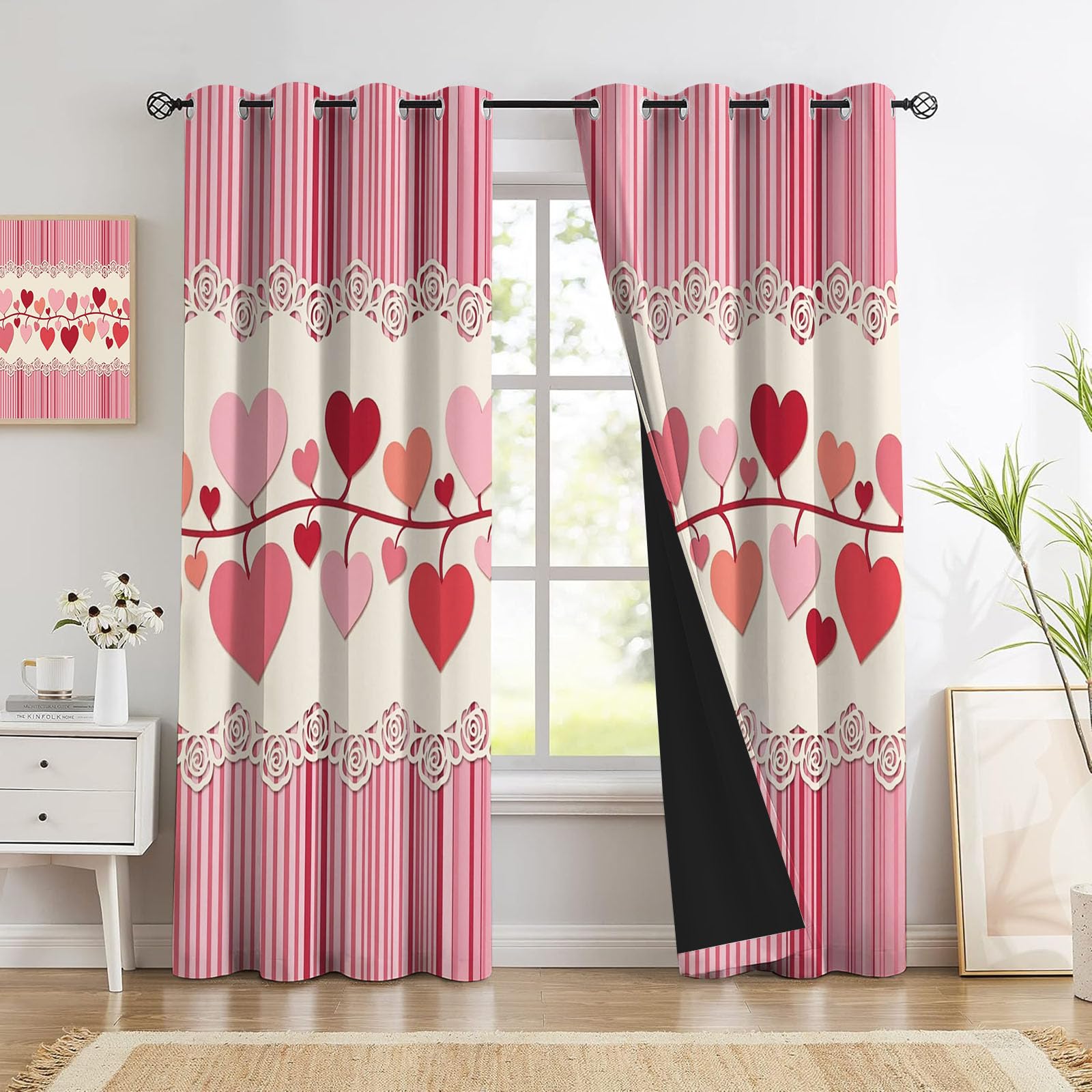 Verdunklungsvorhänge mit Ösen 2er Set H138 x B117 cm Blickdichte Vorhänge Herzförmige Spitzenstreifen Thermovorhänge Bohème-Stil Gardinen für Wohnzimmer Schlafzimmer Balkon Fensterdeko, Hellrosa