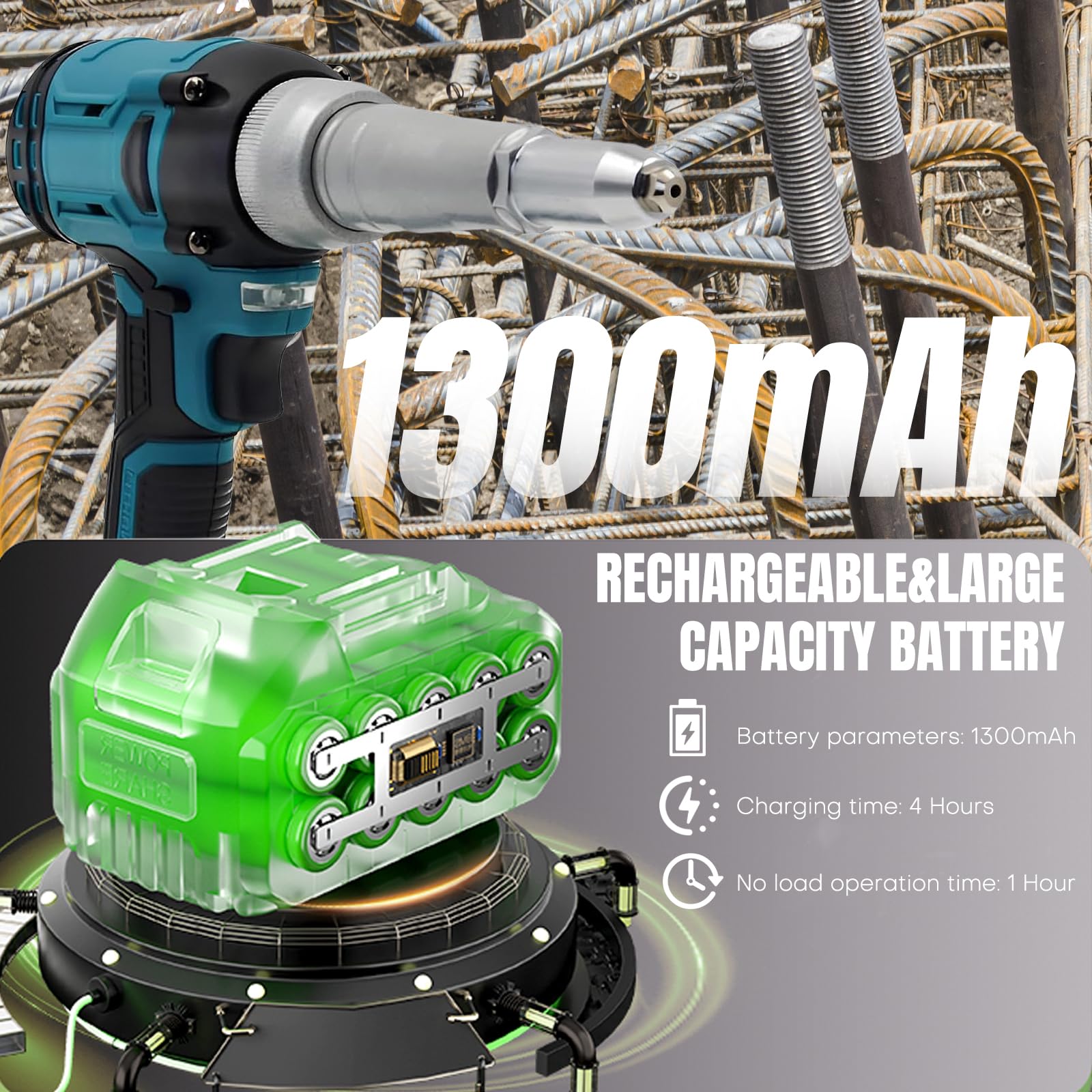 Alicate Remachador Inalámbrico 21V Set con 2 Baterías de 1300mAh Alicate Remachador Eléctrico para Remaches Ciegos de 2,4/3,2/4,0/4,8mm para Reparación de Automóviles y Bricolaje