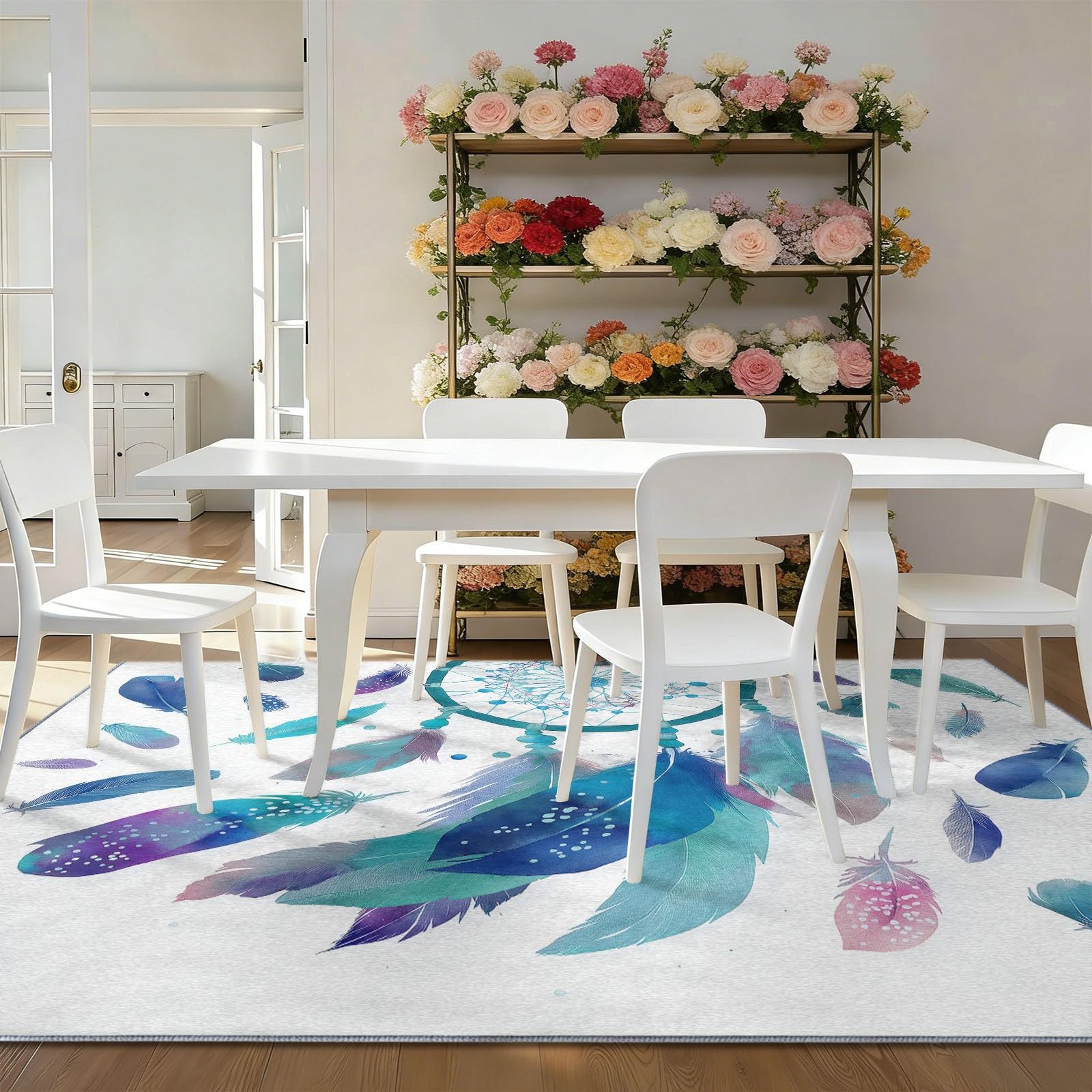 Traum Rechteckig Teppich 100 x 150 cm, Waschbarer Aquarell Traumfänger Federn Bedruckter Teppiche, Weiß rutschfest Geräuschreduzierung Teppiche für Schlafzimmer Esszimmer Küche