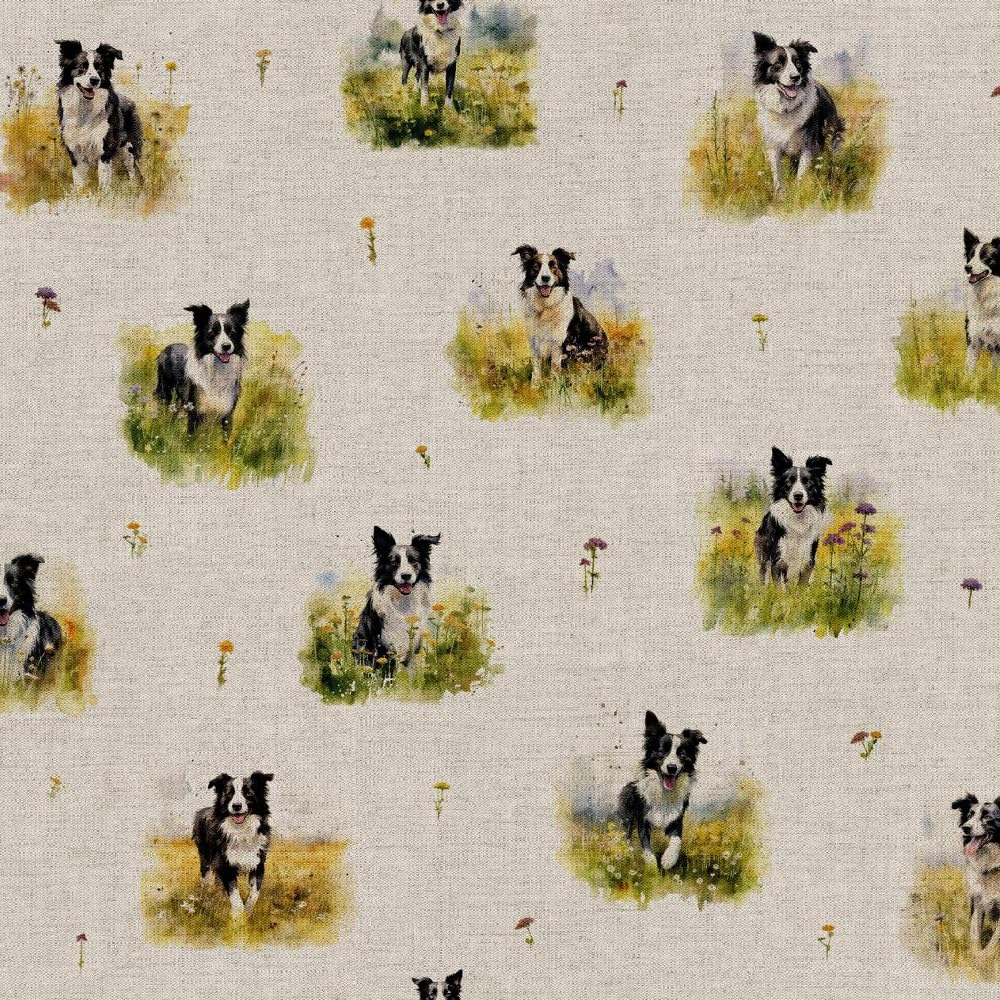 Cotton Rich Linen Look Fabric Border Collie Dog Floral Field Upholstery (Sold Per Metre)