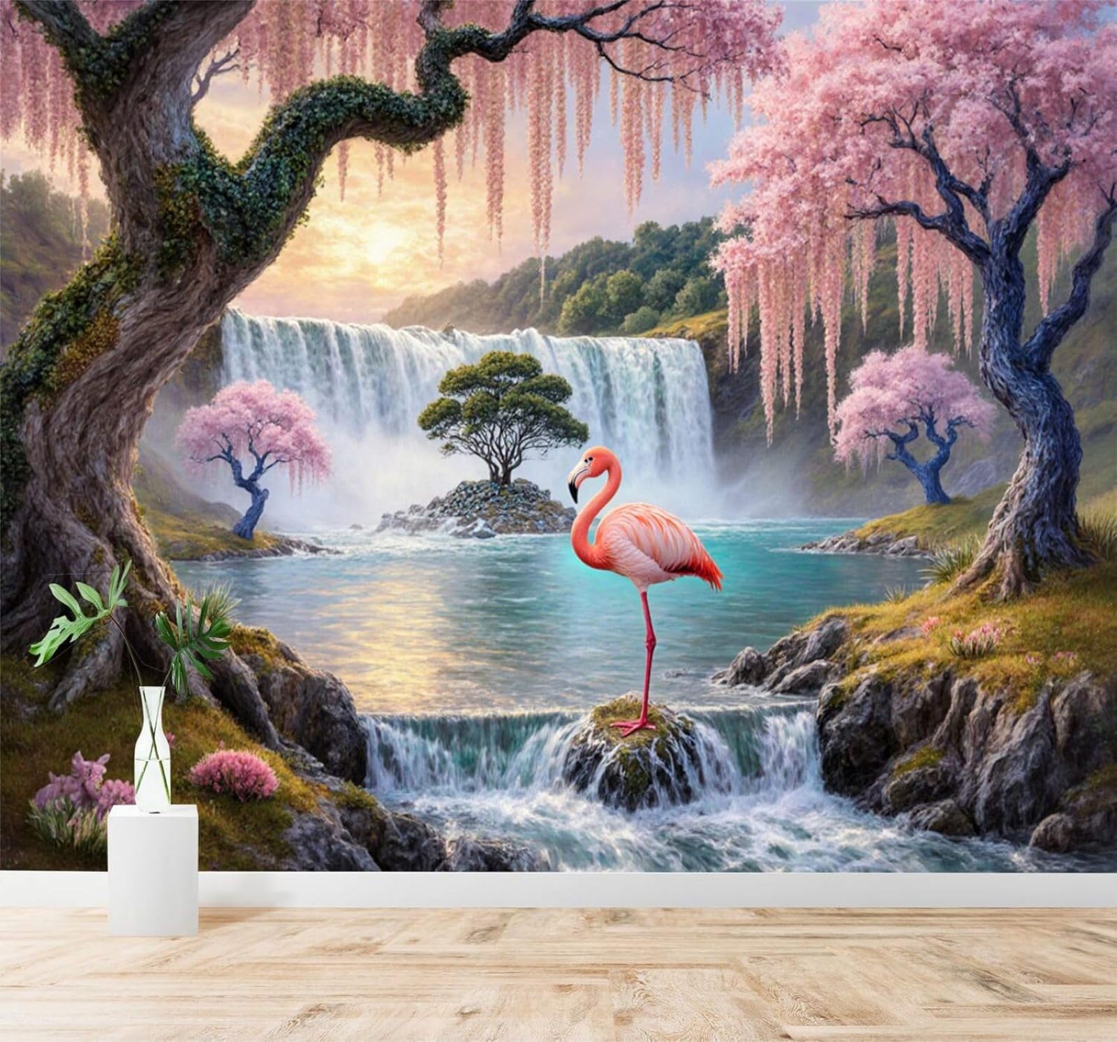 XLMING Pink Flamingos Waterfall Cherry Blossom Trees Dreamlike Scenery 3D Wallpaper Silky Texture Home Study Office Grey Dining Room Sofa Bedroom Living Room TV Backdrop-300cm×210cm