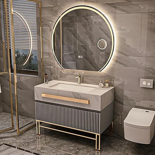 Miniatura 8 de Tocador de baño con lavabo, moderno armario de tocador de baño e incluye juego de espejo de desempañamiento inteligente, espacio de almacenamiento