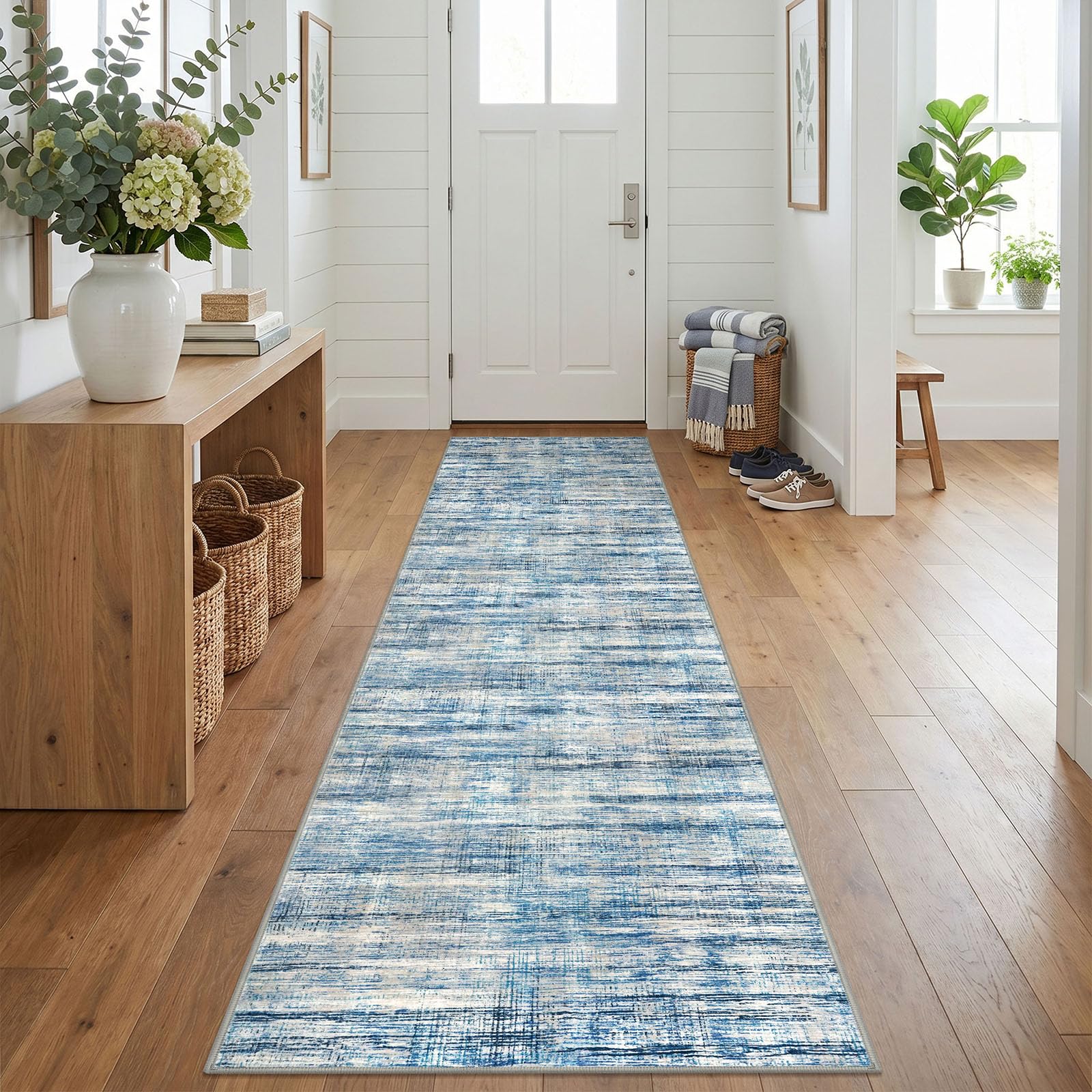 KOZYFLY Modern Washable Rug Runner 2.6x12 Hallway Runner Rug Blue Beige — image 1