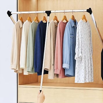 Pull Down Closet Rods for Hanging Clothes, Stainless Steel Adjustable 33-45 inches Wardrobe Lift Rail Organizer, 60 lbs Heavy Duty Wardrobe Side Mounted Closet Rod