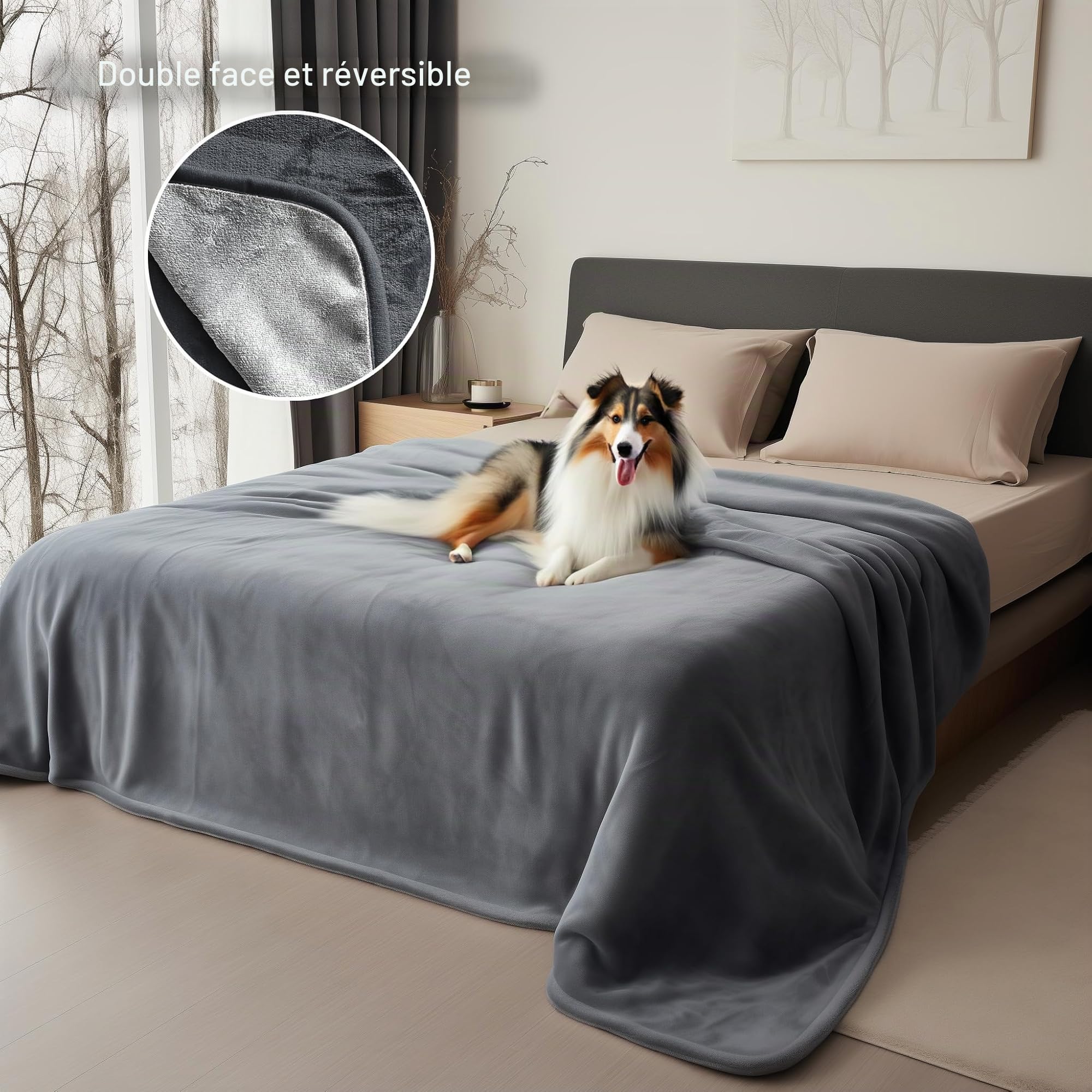 Couverture imperméable pour très Grand lit - Couverture en Flanelle pour très Grand lit - Couverture imperméable réversible et Double Face (228,6 x 274,3 cm, Gris foncé/Gris Clair)
